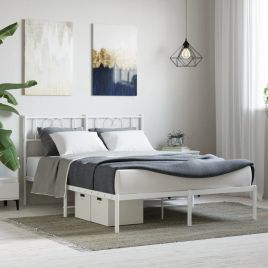 Metal Bed Frame with Headboard White 135x190 cm Double
