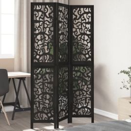 Room Divider 3 Panels Black Solid Wood Paulownia - vid-358751