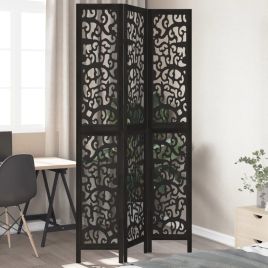Room Divider 3 Panels Black Solid Wood Paulownia - vid-358752