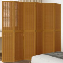 Room Divider 6 Panels Brown Solid Wood Paulownia - vid-358827