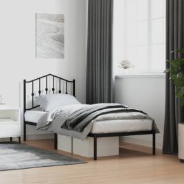 Metal Bed Frame with Headboard Black 90x200 cm