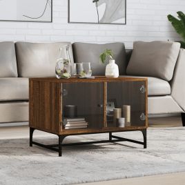 Coffee Table with Glass Doors Brown Oak 68.5x50x50 cm
