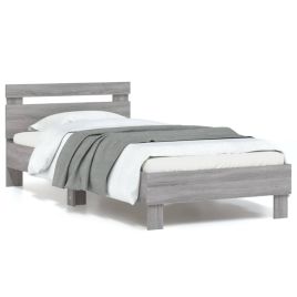 Bed Frame with Headboard and LED Lights Grey Sonoma 90x190 cm Single