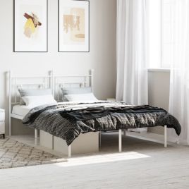 Metal Bed Frame with Headboard White 140x190 cm