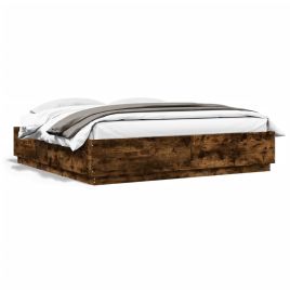 Bed Frame with LED Lights Smoked Oak 200x200 cm Engineered Wood