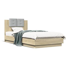 Bed Frame with Headboard and LED Lights Sonoma Oak 100x200 cm