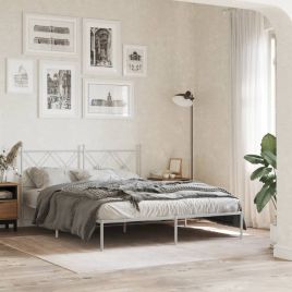 Metal Bedframe with Headboard White 150x200cm