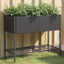Garden Planter with Shelf Black Poly Rattan