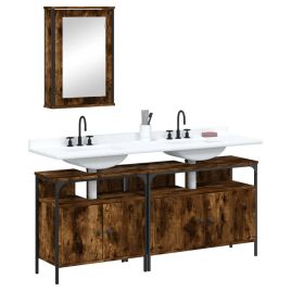 3 Piece Bathroom Furniture Set Smoked Oak Engineered Wood - vid-3214787