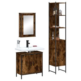 3 Piece Bathroom Furniture Set Smoked Oak Engineered Wood - vid-3214802