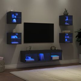 7 Piece TV Wall Units with LED Black Engineered Wood