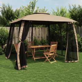 Gazebo with Double Roof and Mesh Walls Taupe 2.93x2.93 m Steel