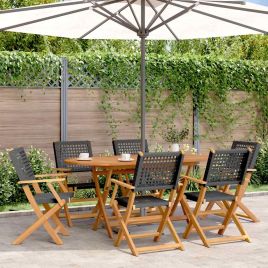 Folding Garden Chairs 6 pcs Black Poly Rattan and Solid Wood - vid-3214557
