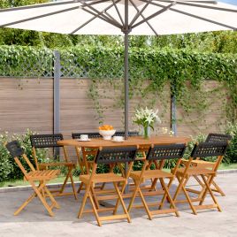 Folding Garden Chairs 8 pcs Black Poly Rattan and Solid Wood - vid-3214594