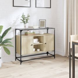 Sideboard with Glass Top Sonoma Oak 98x35x81 cm Engineered Wood
