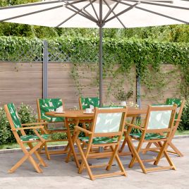 7 Piece Garden Dining Set Leaf Pattern Fabric and Solid Wood