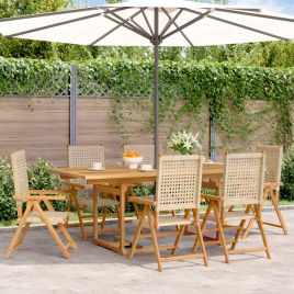 7 Piece Garden Dining Set Beige Poly Rattan and Solid Wood