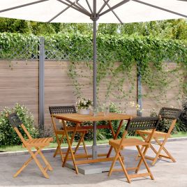 5 Piece Garden Dining Set Black Poly Rattan and Solid Wood