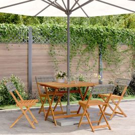 5 Piece Garden Dining Set Grey Poly Rattan and Solid Wood