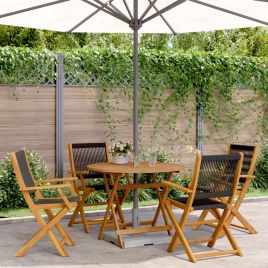 5 Piece Garden Dining Set Black Polypropylene and Solid Wood
