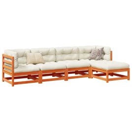 5 Piece Garden Sofa Set Wax Brown Solid Wood Pine - vid-3299386