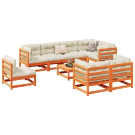 9 Piece Garden Sofa Set Wax Brown Solid Wood Pine - vid-3299509
