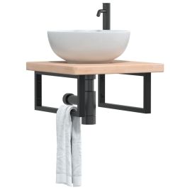 Basin Shelf Wall Mounted Steel and Solid Wood Oak - vid-3302389