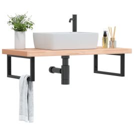 Basin Shelf Wall Mounted Steel and Solid Wood Beech - vid-3302437