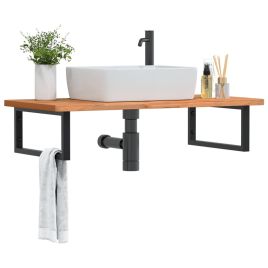 Basin Shelf Wall Mounted Steel and Solid Wood Beech - vid-3302441