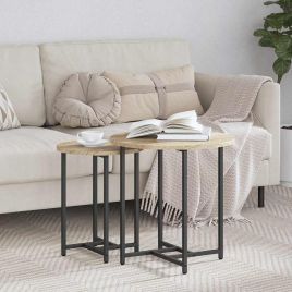 Side Table Set of 2 in Sonoma Oak Wood and Metal