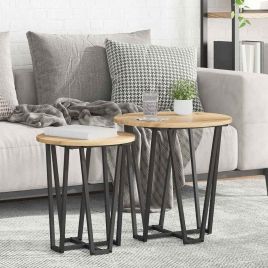 Side Table Set of 2 - Rustic Oak Engineered Wood with Metal