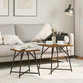 Side Table Set - 2 Rustic Smoked Oak and Metal Tables