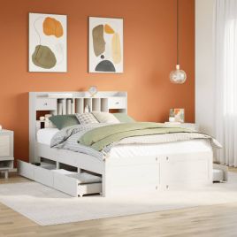 Bookcase Bed White 150x200cm King Size Solid Wood Pine