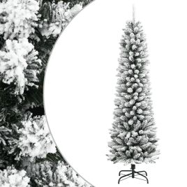 HIVLEN Artificial Slim Christmas Tree with Flocked Snow 150 cm PVC&PE