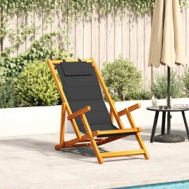 ELASH Folding Beach Chair with Armrests Acacia and Textilene Wood - Black