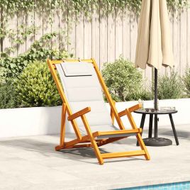 ELASH Folding Beach Chair with Armrests Light Acacia and Textilene Wood - Grey