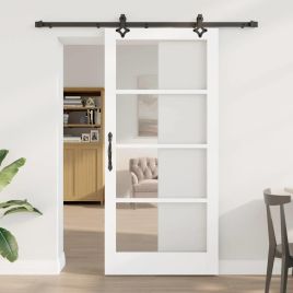 Sliding Door with Hardware Set "ORKDAL" White Solid Wood & Glass