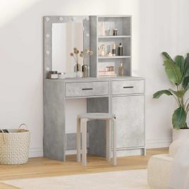 2 Piece Dressing Table Set with LED Concrete Grey Engineered Wood