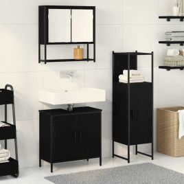 3 Piece Bathroom Furniture Set Black Oak Engineered Wood