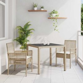 3 Piece Garden Dining Set with Cushions Beige Poly Rattan