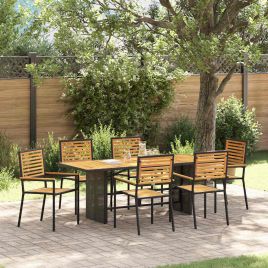 7 Piece Garden Dining Set Black Poly Rattan Acacia