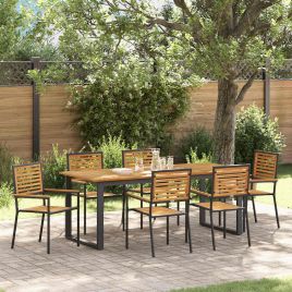 7 Piece Garden Dining Set Black Poly Rattan Acacia