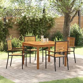 5 Piece Garden Dining Set Black Poly Rattan Acacia