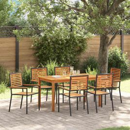 7 Piece Garden Dining Set Black Poly Rattan Acacia