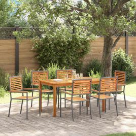 7 Piece Garden Dining Set Grey Poly Rattan Acacia