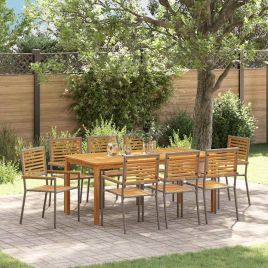 9 Piece Garden Dining Set Grey Poly Rattan Acacia