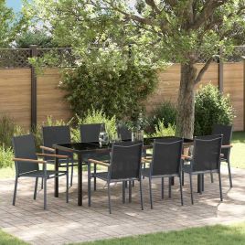 9 Piece Garden Dining Set Black Textilene and Steel