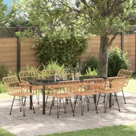 9 Piece Garden Dining Set Brown Poly Rattan