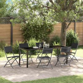 7 Piece Garden Dining Set Black Textilene and Steel