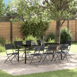 9 Piece Garden Dining Set Black Textilene and Steel